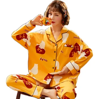 

2020 autumn and winter pure cotton cardigan lapel pajamas ladies trousers home service two-piece cartoon long-sleeved large size