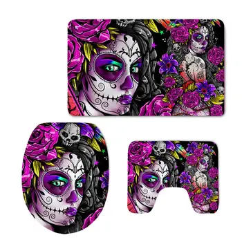

3pcs Toilet Cover Foot Pad Set Sugar Skull Girl Bathroom Accessories Carpet Mats Kits Absorbent Nonslip Decor Toilet Seat Cover