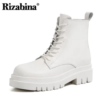 

Rizabina Real Leather Woman Ankle Boots Cross Strap Zipper Thick Heel Winter Woman Warm Fashion Platform Footwear Size 34-40