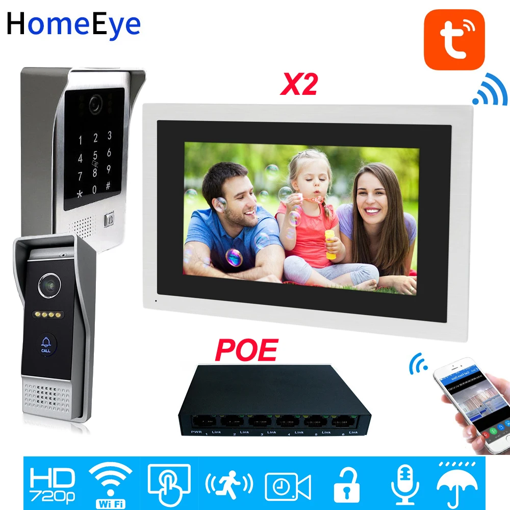 960P WiFi Video Door Phone IP Video Intercom 10inch Touch Screen 2 Doors Home Access Control System TuyaSmart APP Remote Unlock