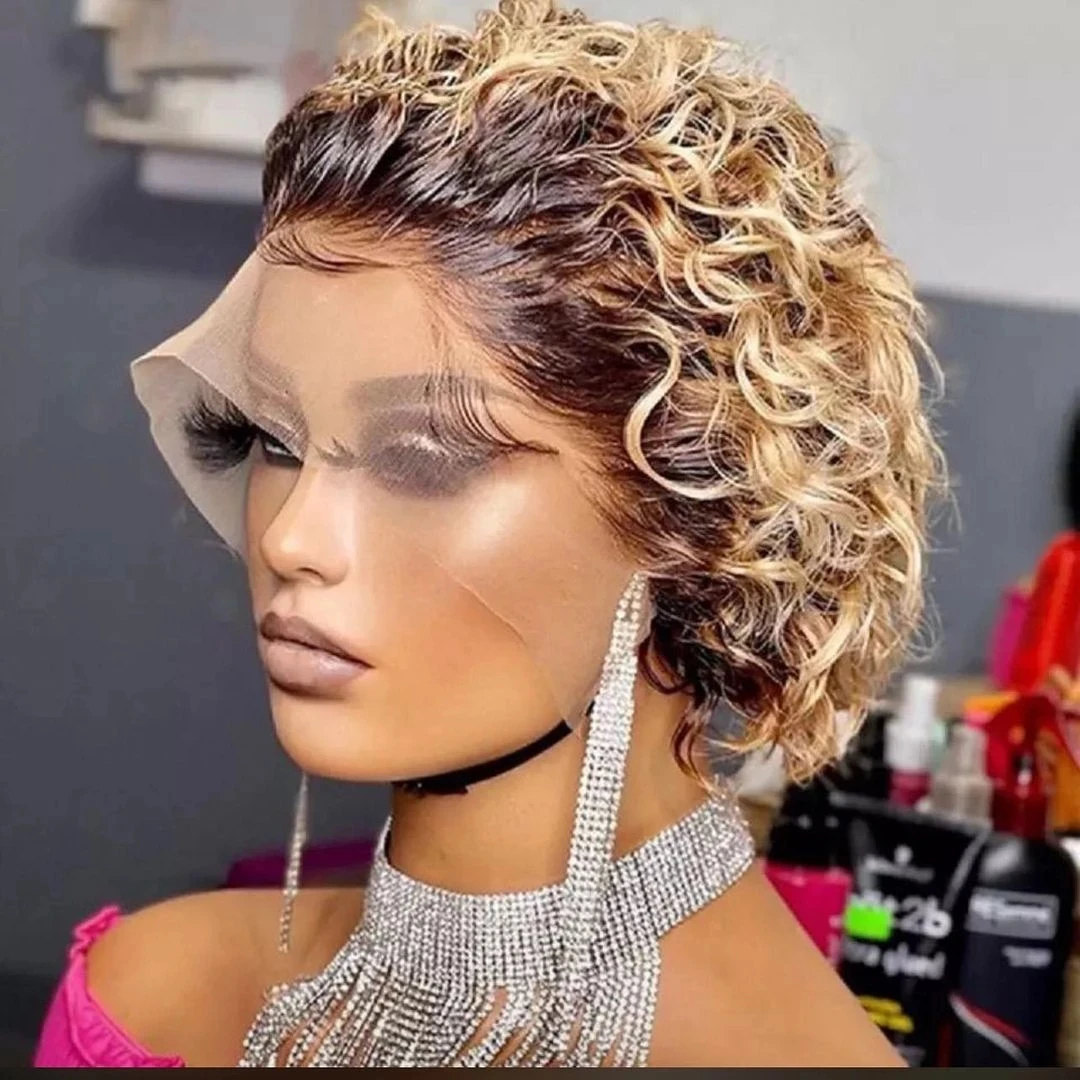 

Highlight Honey Blonde Pixie Cut Short Kinky Curly 13x1 Wig Closure Lace Human Hair Wigs For Black Women Brazilian Remy Hair