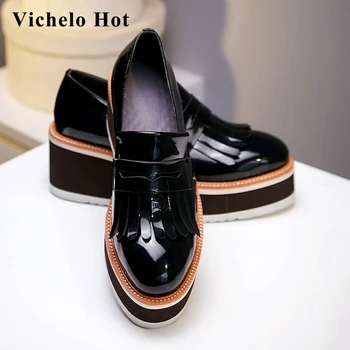 

Vichelo Hot fringe wedges platform preppy style grain leather round toe high heel slip on modern barand maiden women pumps L0f2