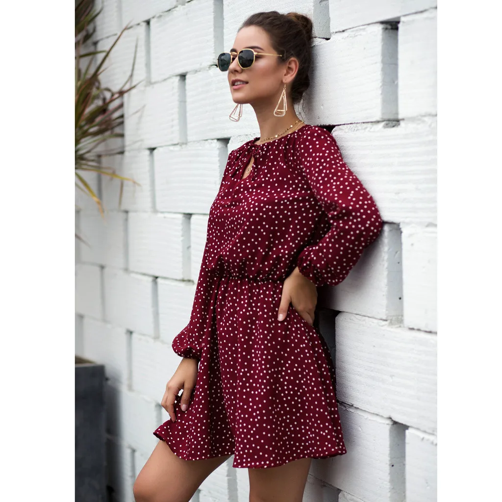 Boho style женское платье с принтом в горошек, с открытой шеей, с пятнистым поясом, с длинным рукавом, средней длины, для женщин, Осеннее сексуальное элегантное платье с круглым вырезом