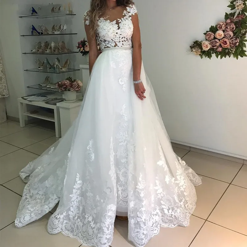 Cap Sleeves Mermaid Wedding Dresses Scoop Sleeveless Lace Appliques Vestidos De Noiva Button Detachable Train Bridal Gown (2)