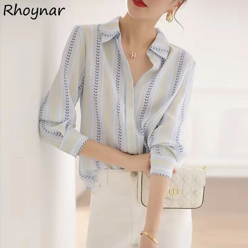 

Long Sleeve Shirts Women Chiffon Trendy Printing Striped All-match Turn-down Collar Elegant Leisure Cozy Female Ulzzang New Chic
