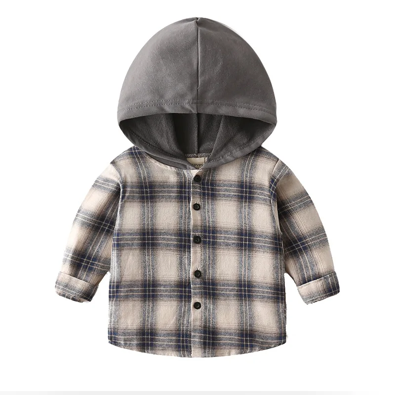 Korean children Clothing Boys long-sleeved shirt baby with a hat plaid shirt in the children's spring and autumn cloth