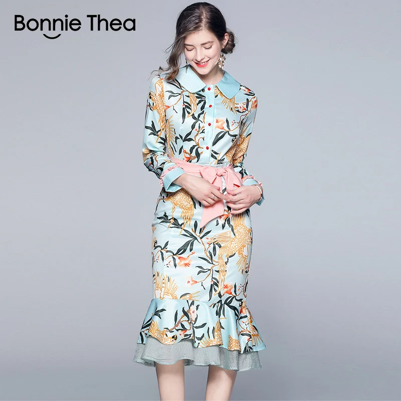 Bonnie Thea женское осеннее синее платье с принтом элегантное тонкое платье с рыбьим хвостом женские вечерние платья с логотипом