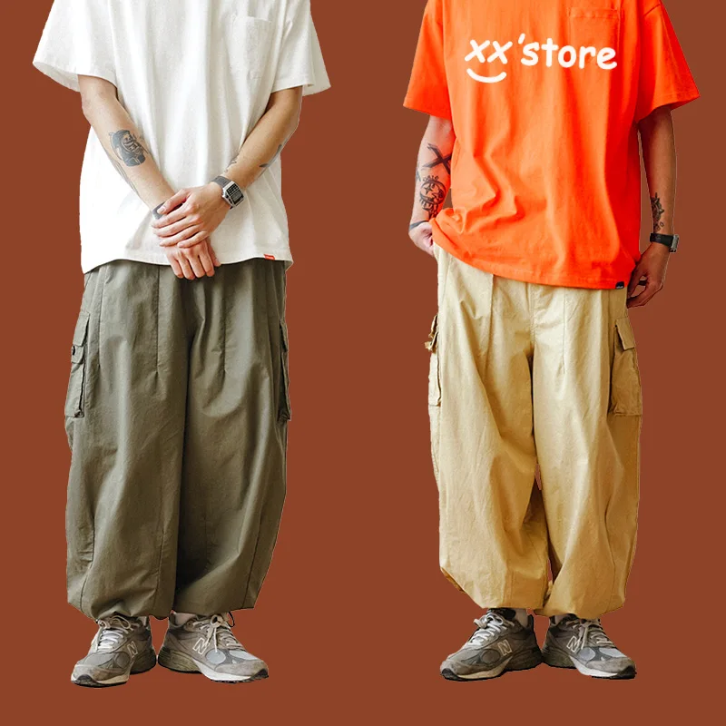 Multi-Pocket Cargo Pants Men's Casual Solid Colour Straight Pants Baggy Wide-leg Cropped Men Ankle-length