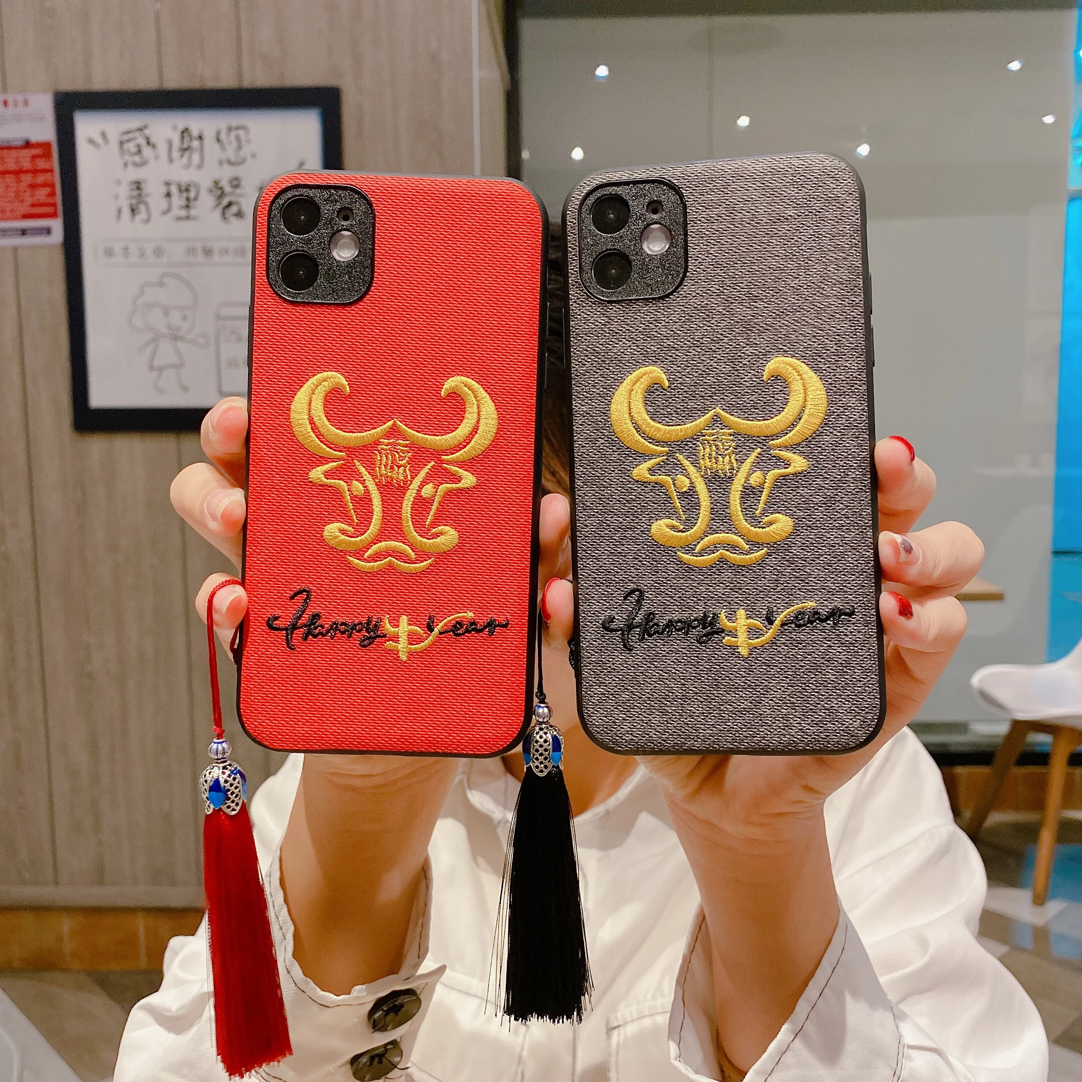 

For iphone 12 Pro Max New Year's Embroidered Cow Pattern Case For iphone 11 Pro Max XS MAX XR 7 8 Tassel pendant