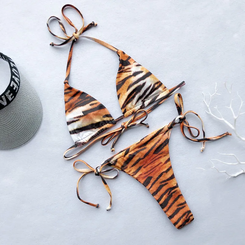 Женское бикини с высокой талией новинка 2019 комплект принтом тигра на бретельках