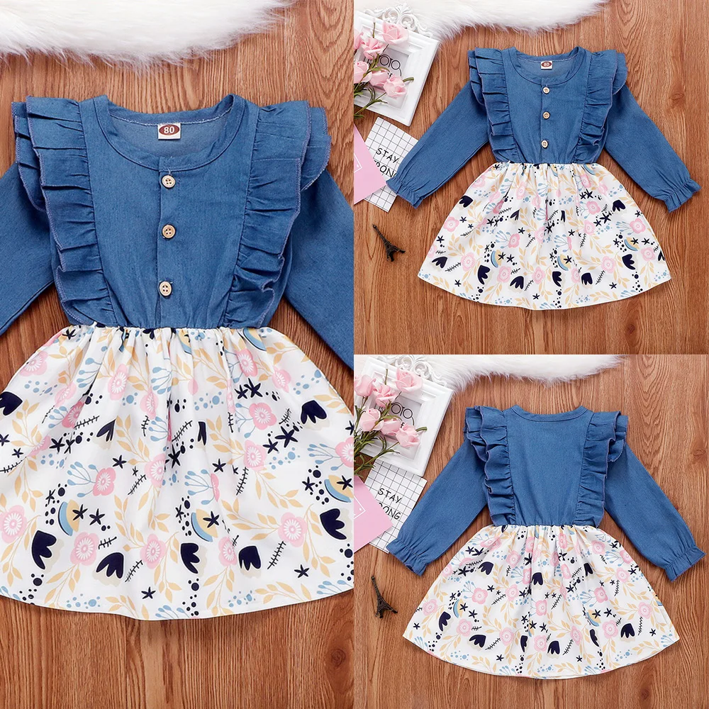 Новое платье для девочек джинсовое голубое платье с цветочным принтом и оборками на рукавах г., весеннее платье принцессы платья для вечеринок Одежда для детей возрастом от 1 года до 4 лет, D30