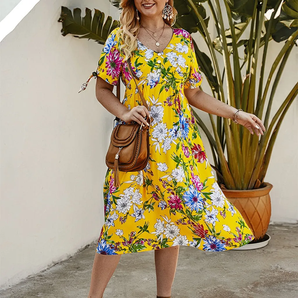 2020 Summer Women Floral Print Beach Dresses Plus Size Short Sleeve V-Neck Boho Dress Casual vestidos de verano | Женская одежда