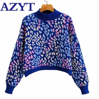 

AZYT Autumn Half Turtleneck Women's Sweater Cropped Pullover Fall 2020 Fashion Print Knit Sweater Women's Jacket Casual Jumpers