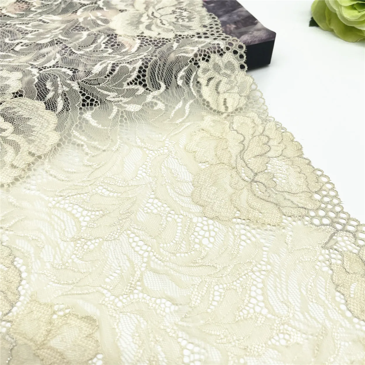 3y/lot Width 21cm Cream Silver Elastic Stretch Lace Trims Shiny Skirt Hem For Clothing Accessories Dress Sewing Applique Costume 2