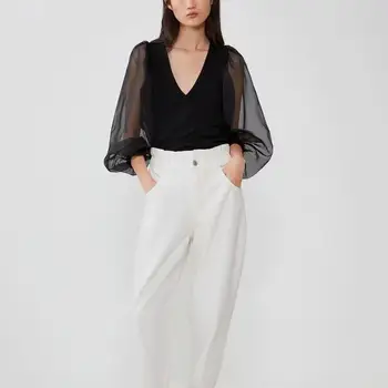 

ZA women 2020 spring NEW tops T shirt black V-neck mesh see-through lantern sleeve patchwork streetwear fashion women shirts