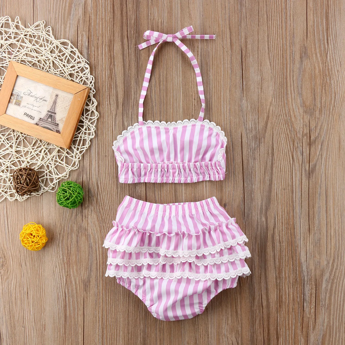 Милый детский комплект бикини для маленьких девочек, кружевной полосатый купальник, бандажный купальник с лямкой на шее, летняя пляжная одежда, купальный костюм для малышей, одежда