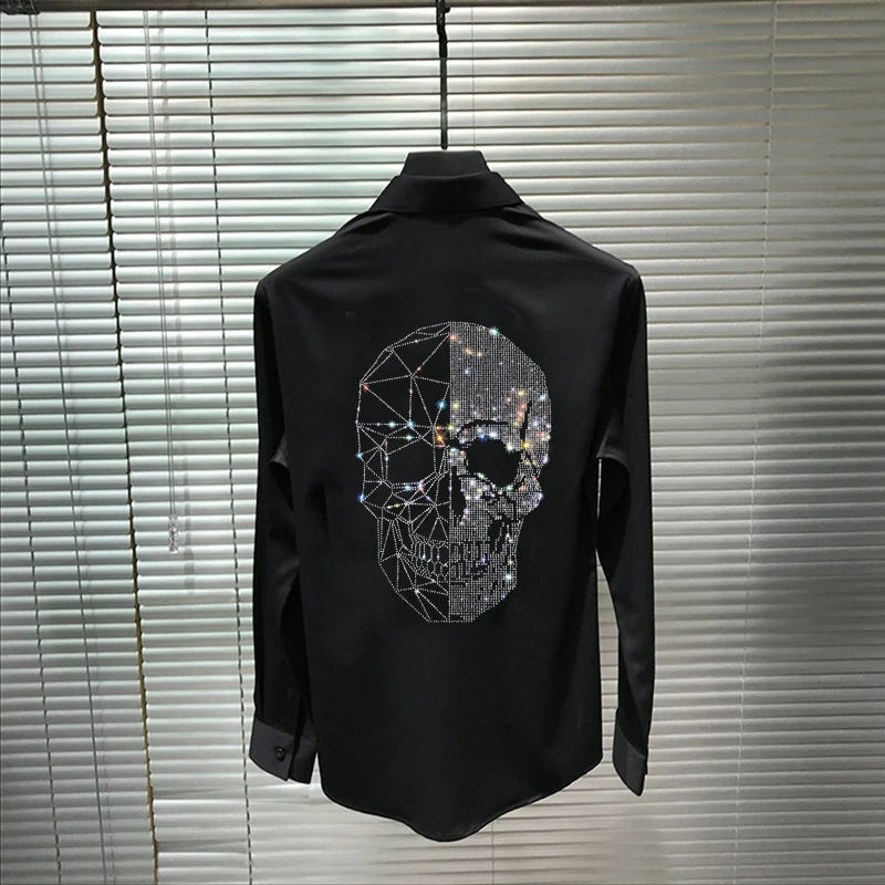 

Original Popular Lapel Long-Sleeved Tops Spring And Summer Men's T-Shirt Rhinestone Trend Style Skull Business Overalls