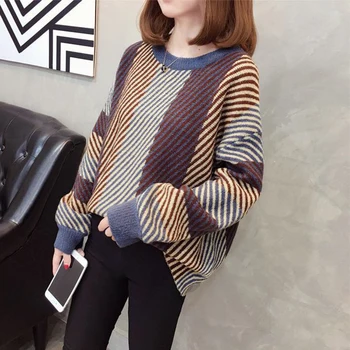 

Europe Women Knitted Sweater Turtleneck Pullover Female Loose Stripes Coats Long Sleeve Spliced Color Outerwear Autumn Winter