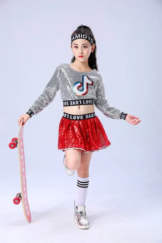 New Children Modern Jazz Dance Hip Hop Costume Boys Girls Sequined Cheerleading Performance Clothes Stage Wear Long sleeve set