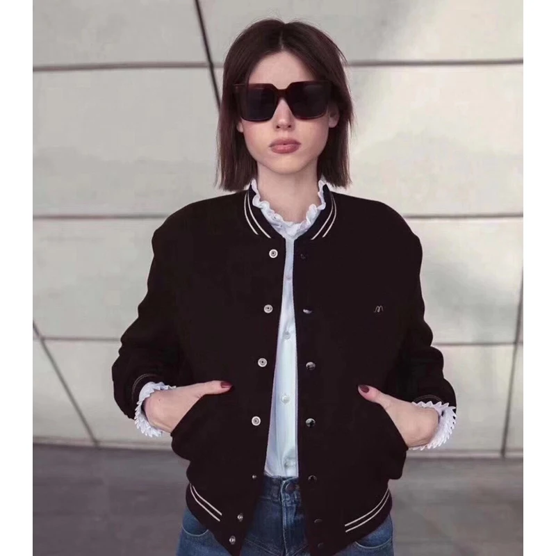 9.14 High Quality 2020 Autumn Winter New Fashion Casual Letter Embroidery Patchwork Striped Stand Collar Black Jacket Coat Women | Женская