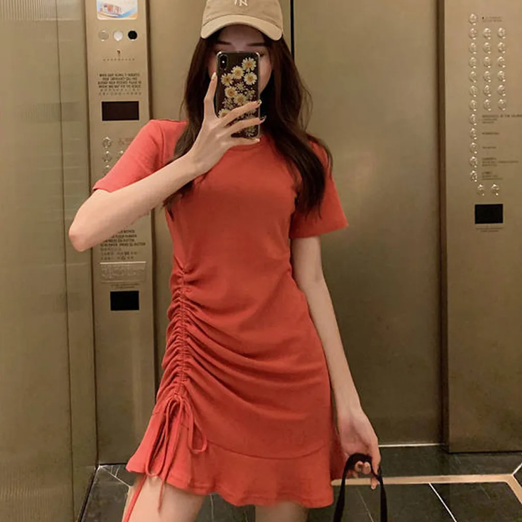 Jaycosin Fashion Summer Casual O-Neck Short Sleeve Elegant Women Summer Long Dress Ladies Slim Thin Solid Ruffles Knee Dress 319