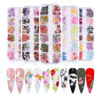 

1 Case 3D Emulation Butterfly Colorful Flowers Nail Art Sequins Mix Halloween Christmas Wood Pulp Nail Flake Manicure Decoration
