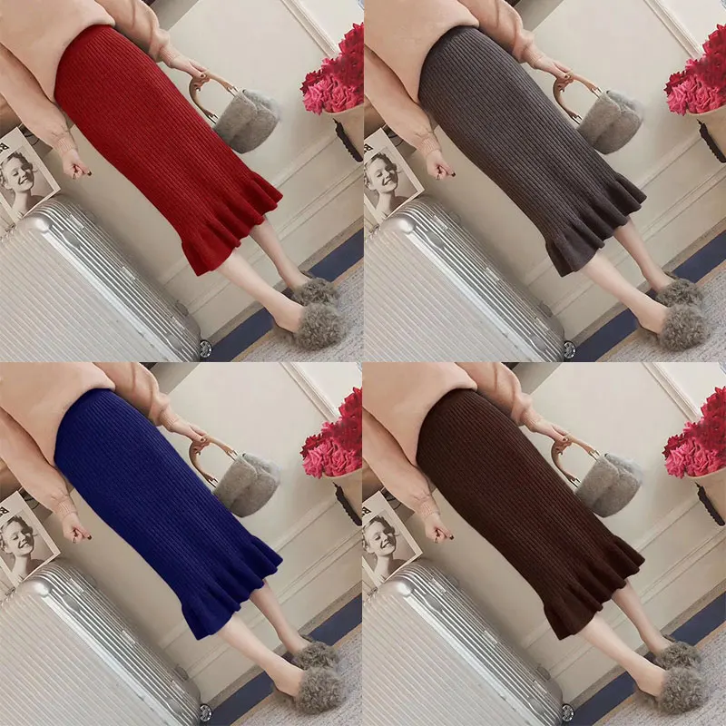 

Female Warm Elegant Solid Wrap Hip Skirts Women Solid Color Spring Autumn Ruffle Midi Pleated Skirts High Waist Knitted Skirts