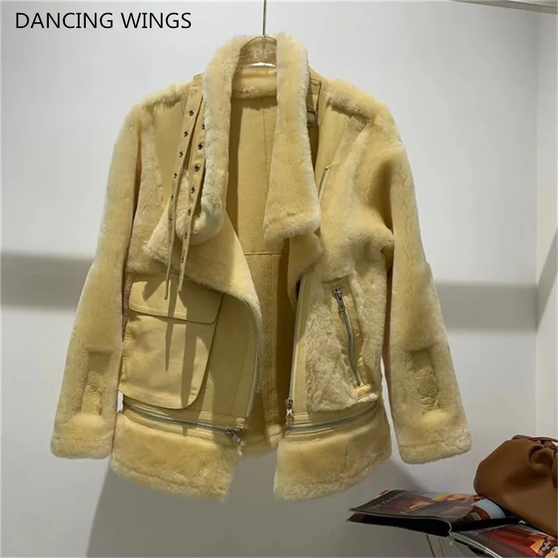 

Autumn Winter Double Faced Fur Motorcycle jacket Women Real Merino Sheep Fur Coat