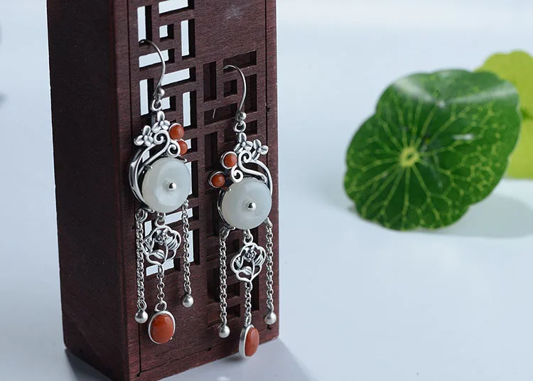 FNJ Hetian Jade серьги из 925 серебра,, Чистое Серебро S925 пробы, серьги-капли для женщин, ювелирное изделие, кисточка, красный агатовый цветок