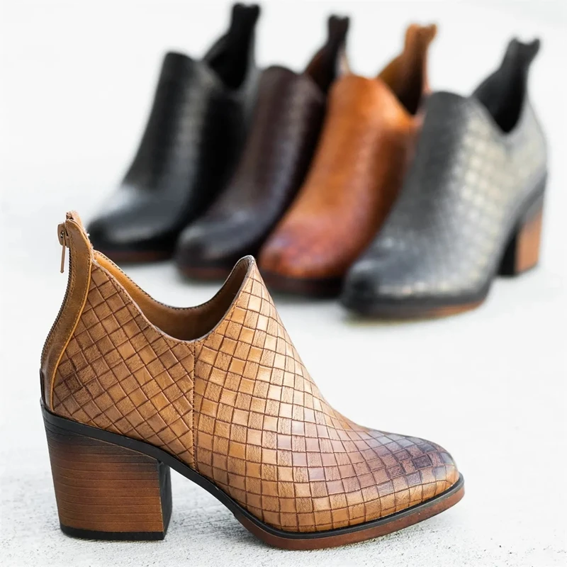 

2019 Women Boots Fashion Autumn Winter PU Female Side Zipper Boots Vintage Weaving Boots 2019 New Autumn Ankle Boot Feminina