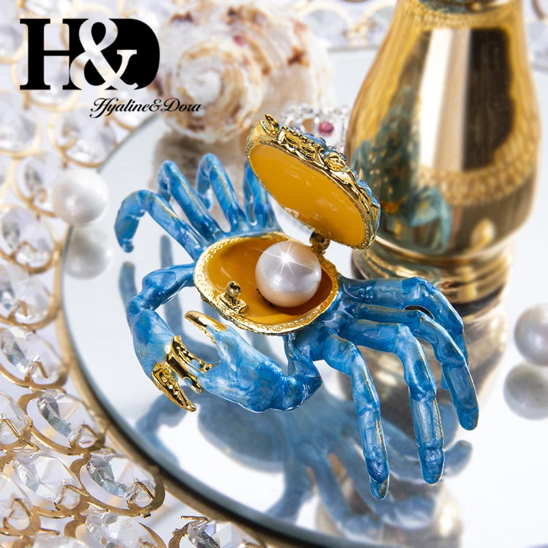 H&D Hand Painted Enameled and Bejeweled Blue Crab Trinket Box Ring Hinged Jewelry Collectible Figurine Christmas Decor for Home