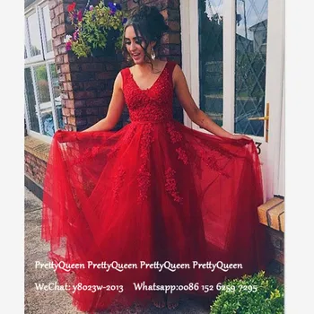 

Red Formal Evening Dress With Appliques Lace and Tulle Plunging Neck Long A Line Prom Dresses Robe De Soiree