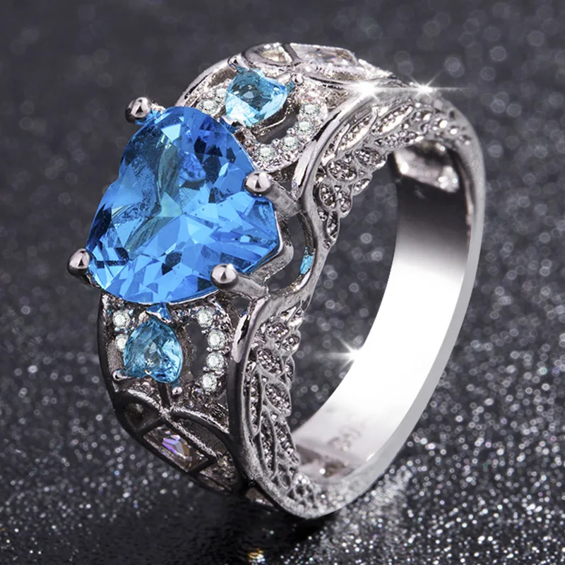 Роскошное женское кольцо из серебра 925 пробы с сердечком, рубиновым сапфиром в форме драгоценного камня, серебро 925, женское ювелирное изделие,, подарок - Цвет камня: silver sea blue