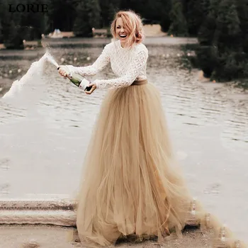 

Lorie A-Line Boho Wedding Dresses Gold Long Sleeve Contrast Color Bridal Gowns 2020 vestidos de noiva Simple Lace Bride Dresses