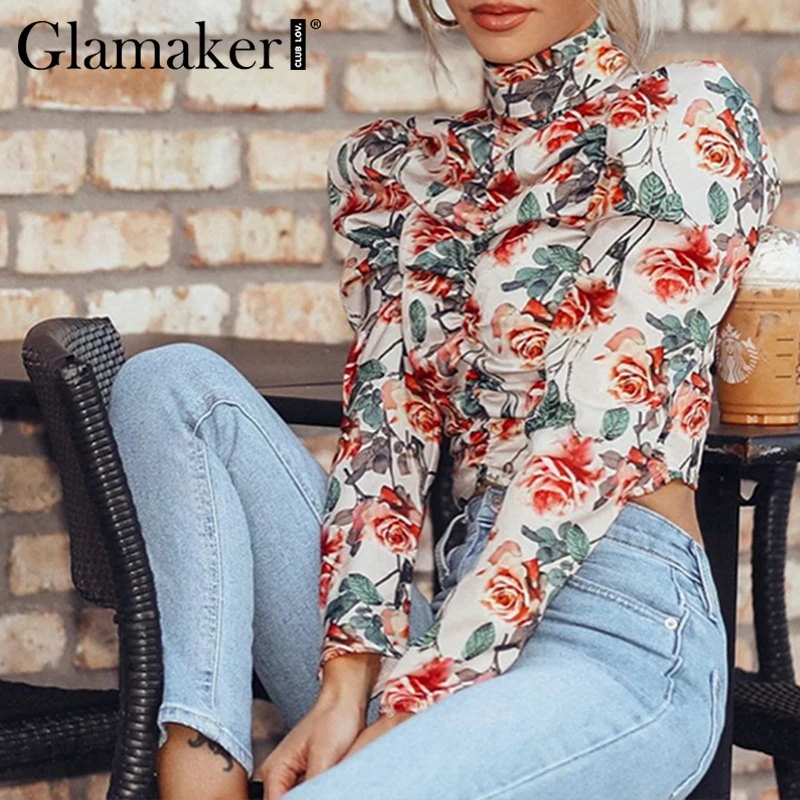 Женская винтажная блузка Glamaker с принтом розы буффами длинными рукавами жемчугом