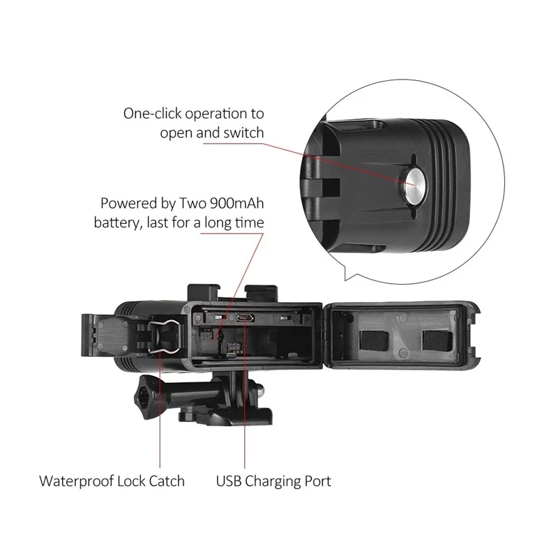 Светильник для экшн-камеры, водонепроницаемый светодиодный видео светильник с регулируемой яркостью, подводная лампа 40 м для дайвинга с аккумулятором 900 мАч для Gopro 7