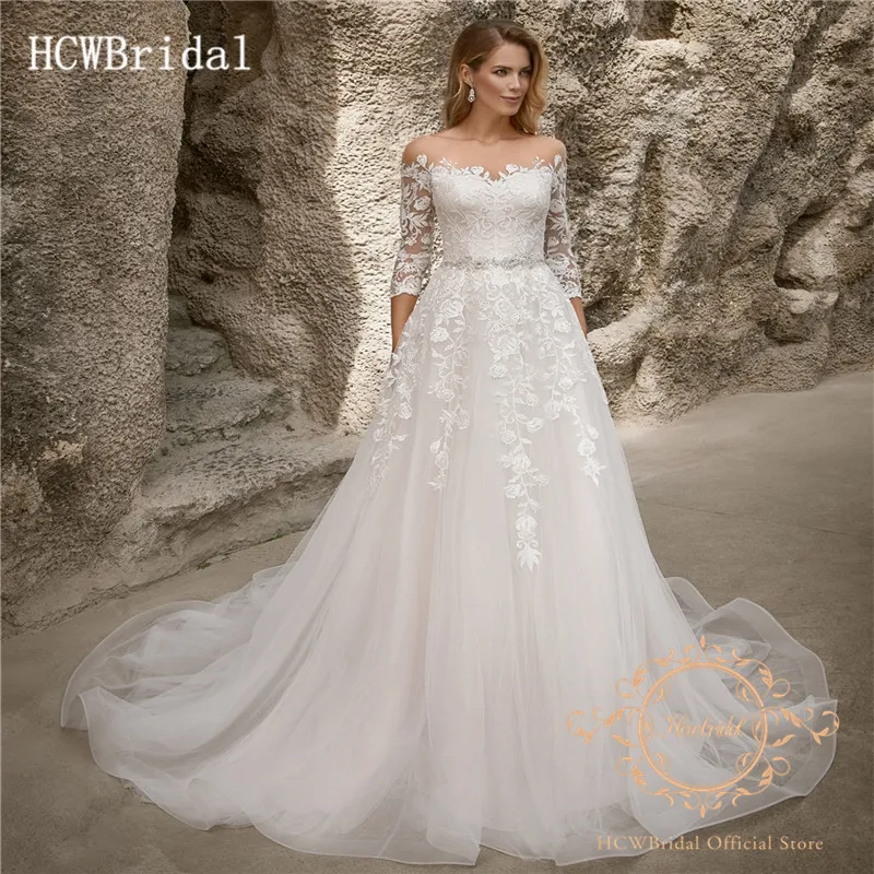 Robe De Mariee 3/4 рукава Цветы Кружева свадебное платье Линия развертки Поезд Длинные свадебные платья индивидуальный заказ Vestido De Noiva