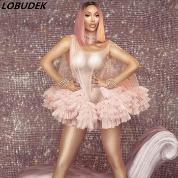 

Sexy See-through Pink Mesh Short Dress Nightclub DJ Singer Dancer Stage Perspective Mini Dress Party Show Performance Stage Wear