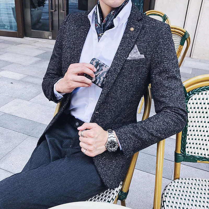 Мужской твидовый Блейзер Осень зима блейзер masculino slim fit повседневные мужские спортивные пиджаки hombre invierno ho Мужской Блейзер черный синий коричневый