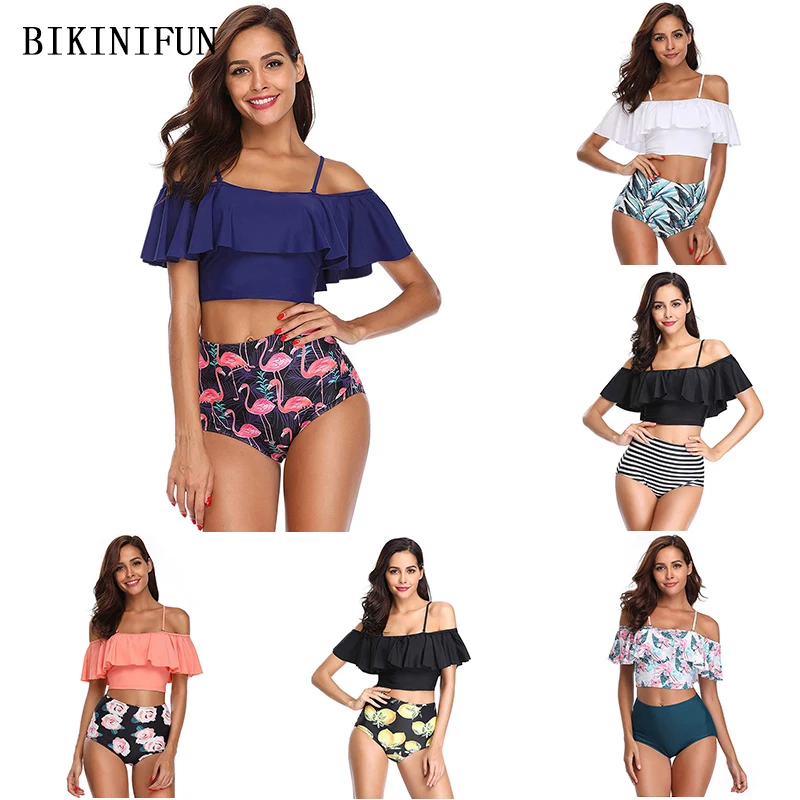 Женский двухслойный купальник бикини с открытыми плечами и принтом фламинго