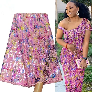 

French Sequin Lace Fabric 2020 High quality Pink Blue African Embroidered Mesh Tulle Sequin Lace Fabric For Wedding Dress