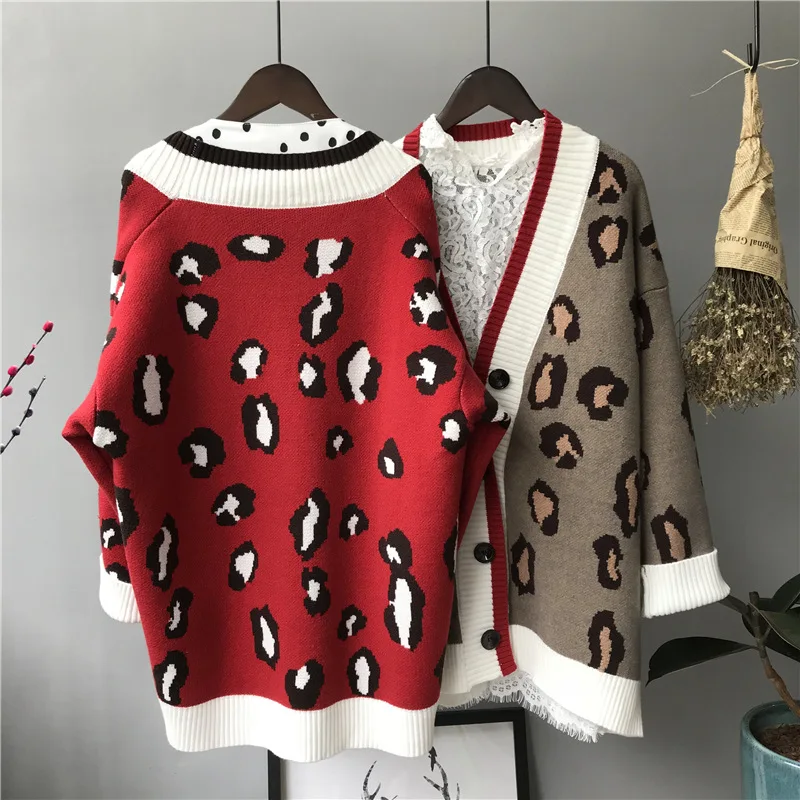 Skup 2019 jesień zima z dzianiny Leopard swetry damskie koreański grube kasetony Leopard sweter płaszcz luźne paski znosić topy