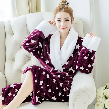 

Purple Bathrobe Gown Thick Coral Fleece Nightwear Home Clothing Flannel Nightgown Female Kimono Soft Winter Sleepwear Homewear