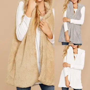 

Fashion Women Solid Color Hooded Long Waistcoat Fluffy Vest Sleeveless Coat