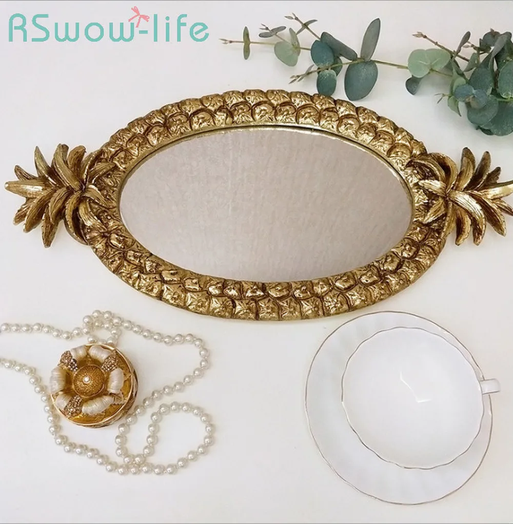 

43*23cm Creative Pineapple Mirror + Resin Trays Home Decoration Tea Trays Jewelry Storage Tray Serving Tray For Home Goods