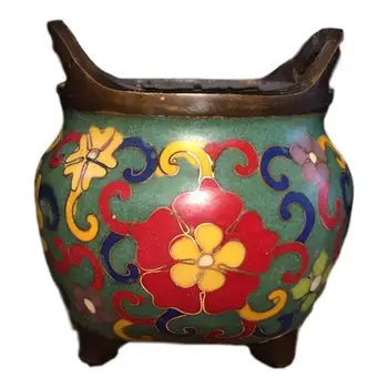 

LaoJunLu Pure Copper Red Petals Yellow Stamen Cloisonne Small Incense Burner Imitation antique bronze masterpiece collection