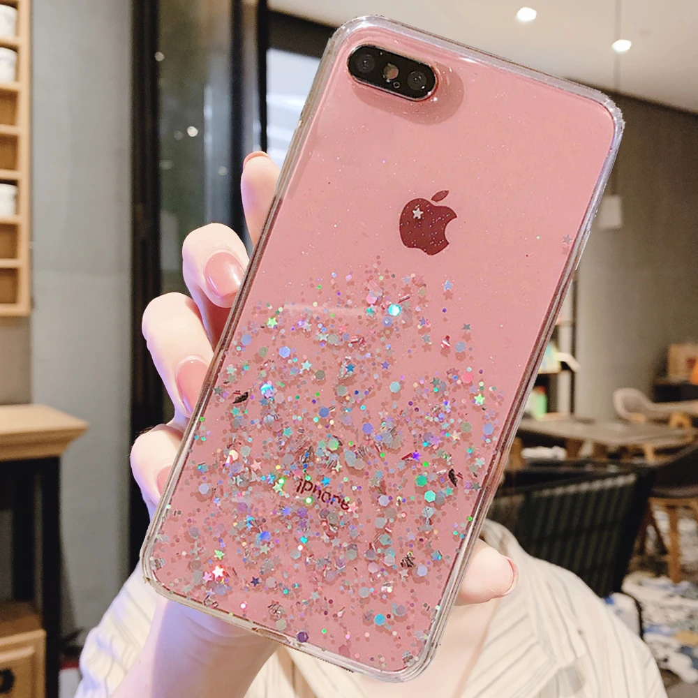 Розовый Блестящий блестящий чехол с блестками для iphone 8, 7 Plus, XR, XS, 6, 6 S, чехол с эпоксидной звездой для iphone 11 Pro, MAX X, XR, мягкий прозрачный чехол из ТПУ - Цвет: Розовый