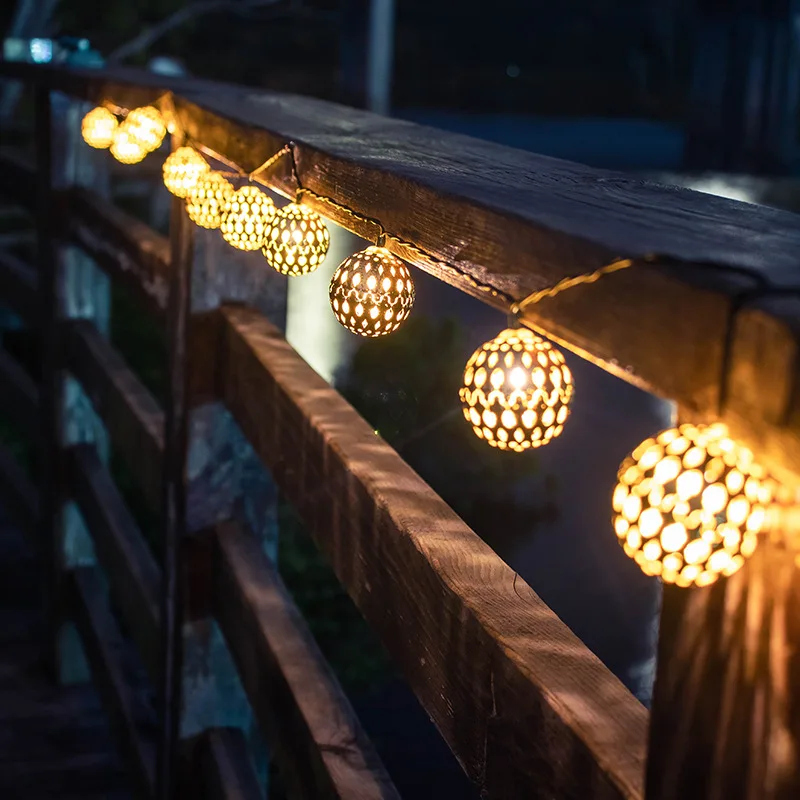 

Solar Powered LED String Light Wrought Iron Hollow Moroccan Ball Fairy Lamp Waterproof Lantern Light Garden Party Patio Decor