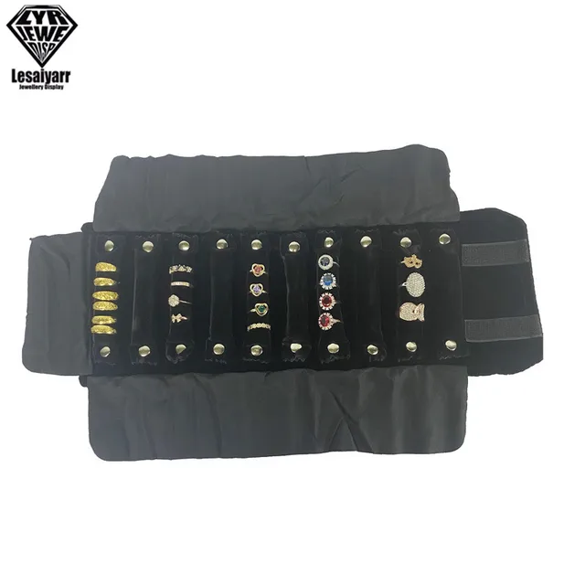 85529-1dc1c1.jpg Sac en rouleau de bijoux, étui de transport Portable, organisateur en velours noir, boîte de rangement multifonctionnelle pour colliers, bagues, boucles d'oreilles, vente en gros