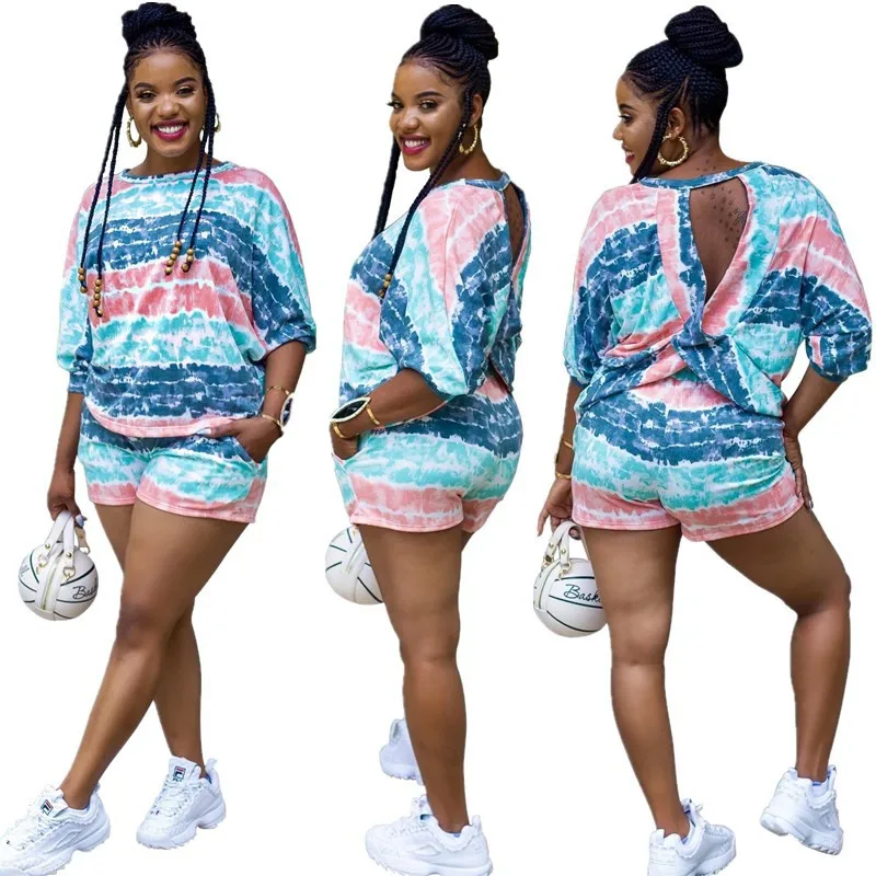 Buena Compra De talla grande M-4xl, conjunto de dos piezas de las mujeres al por mayor de verano disparos juegos rayas Top corto Casual elástico pantalones cortos de cintura Dropshipping. Exclusivo. neQKMD13loY